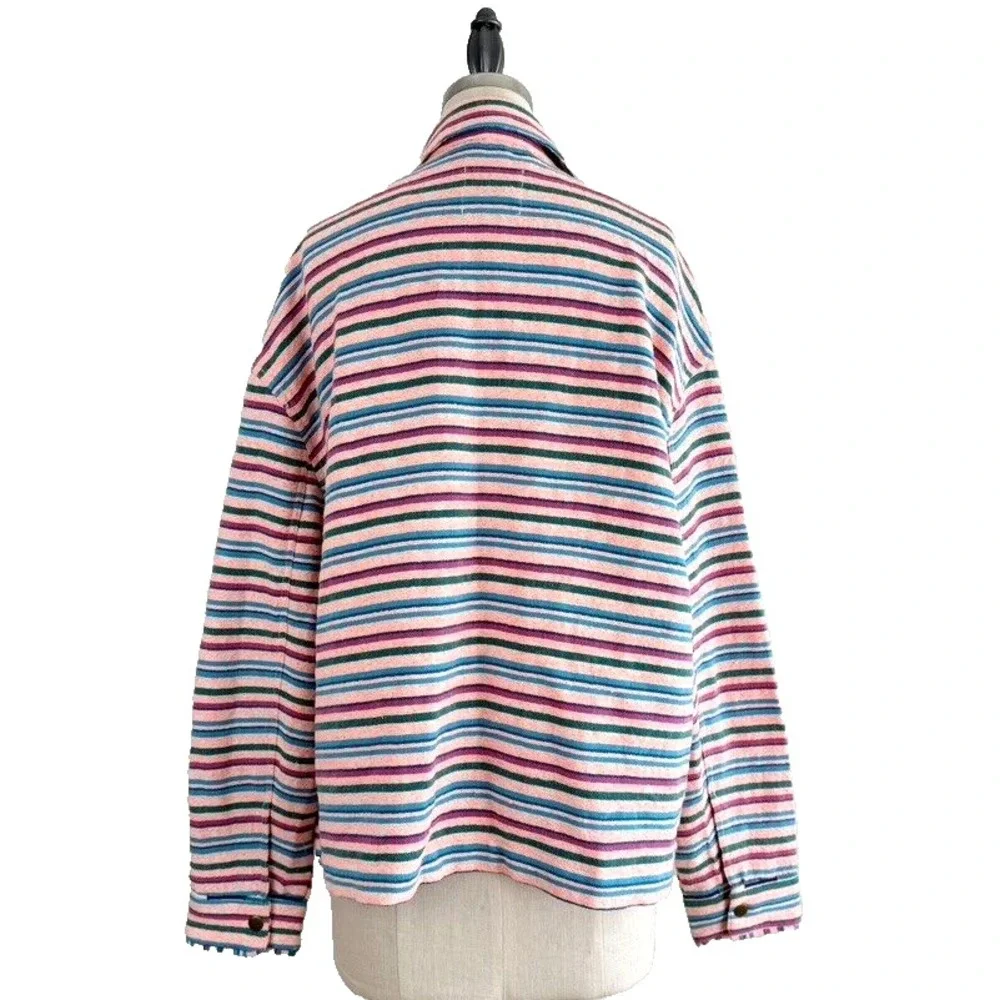 ZARA‎ Open Front Jacket Overshirt M Textured Multicolor Striped Embroidered Boho